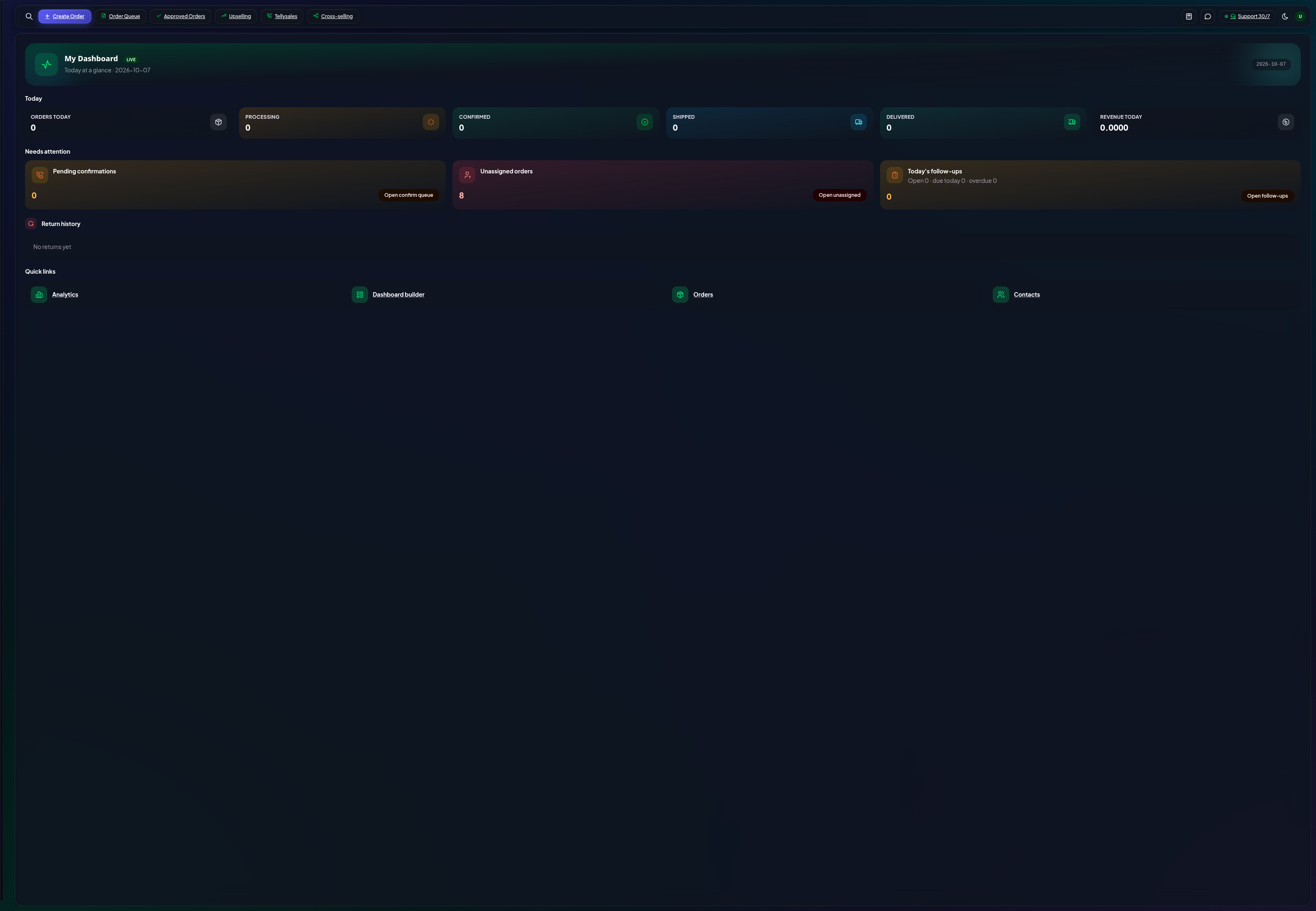 CRM dashboard with stat cards and attention list