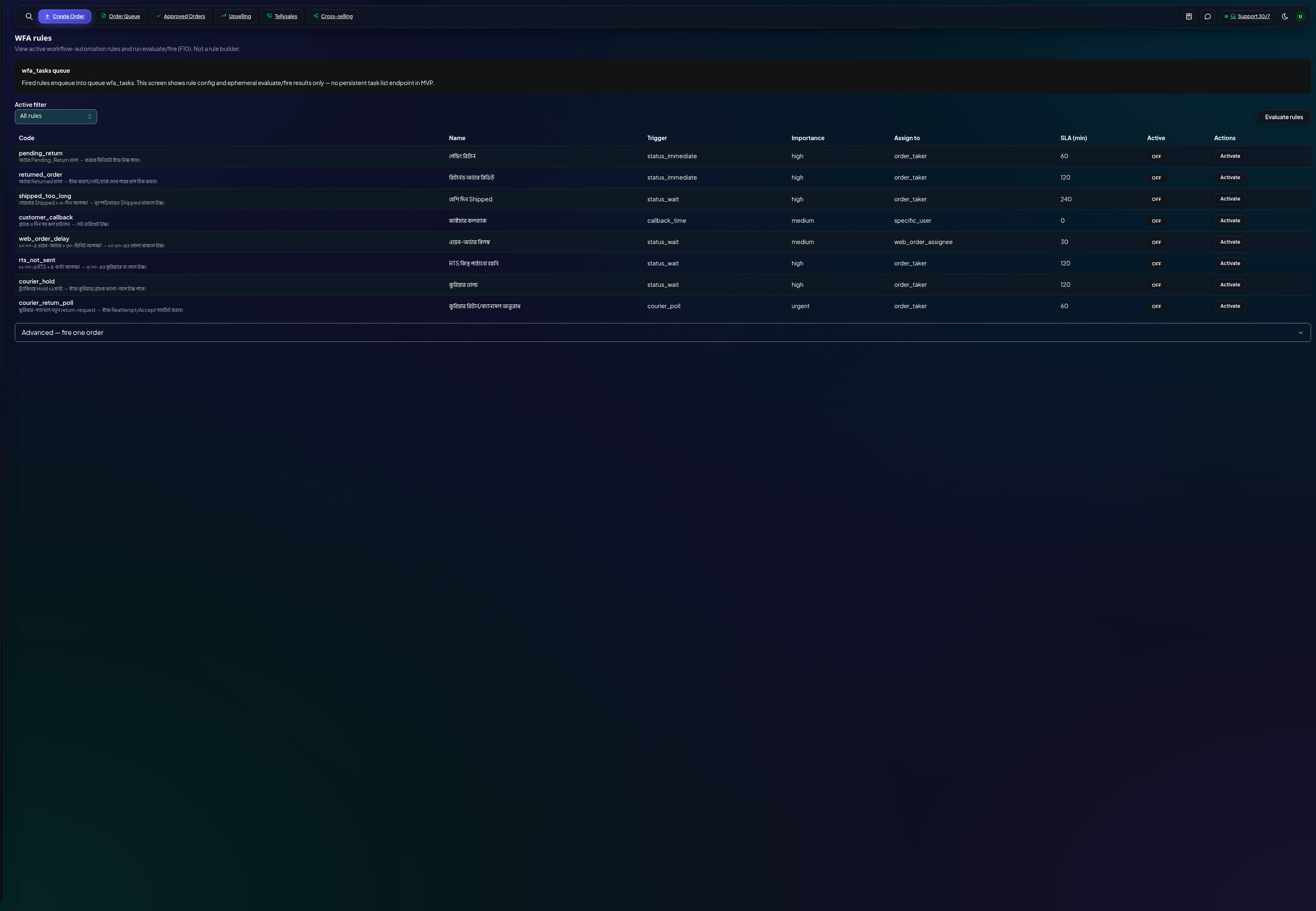 WFA rules with SLA and active toggles